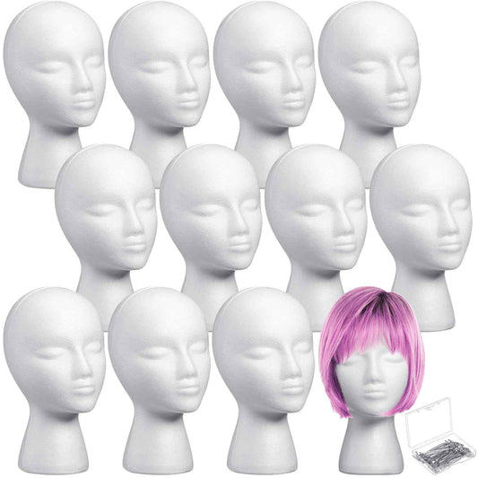 Gisafai 12 Pcs Foam Wig Head with 50 Pcs T Pins Female Foam Mannequin Wig Stand and Holder 11" Tall Cosmetics Model Head Display Hair, Hats Hairpieces Display for Home Travel Salon