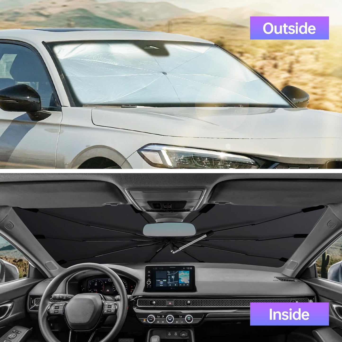 2025 Windshield Sun Shade Umbrella, Foldable Car Sunshade for Mid-Size Sedan, 360 Rotating Automotive Interior Sun Protection for 99% Heat UV Blocking, Auto Heat Shield Accessories(Medium)