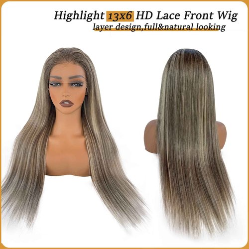 Ombre Highlights Ash Brown Wigs Human Hair for White Women 18 Inch Pre Plucked 13x6 Balayage Blonde HD Lace Front Wig Human Hair with Dark Roots Glueless Straight Wig 180% Density Full End