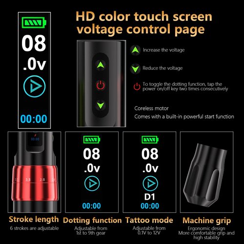 BIGWASP Z3 Wireless Rotary Tattoo Machine Pen, 6 Adjustable Stroke Lengths, 1,800mAh Battery with Extra Battery, Coreless Motor for Professional Artists - Black