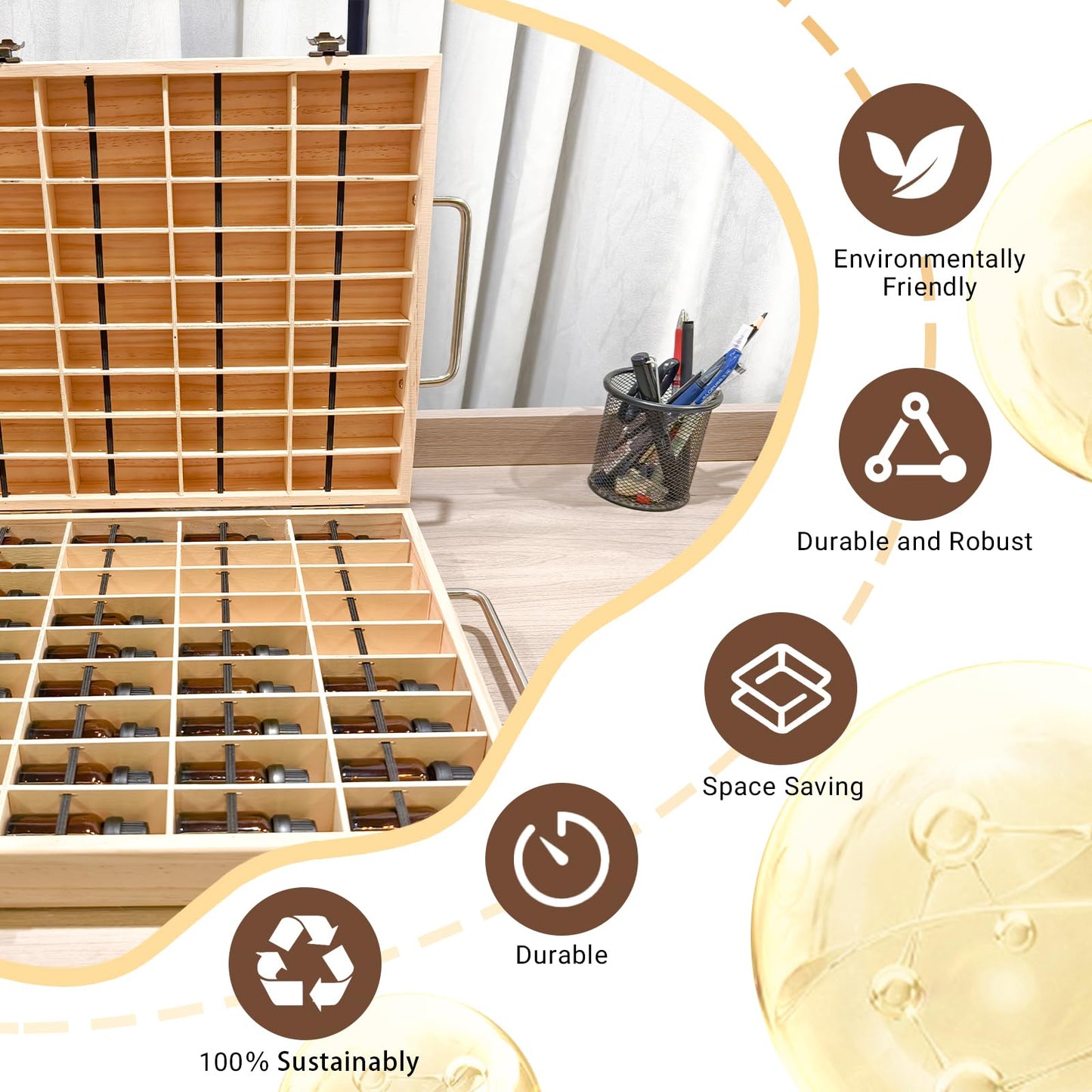 Pure Vie Wooden Essential Oil Storage Box Travel Organizer Case with Bottle Cap Label - Aromatherapy Nail Polish Fragrance Container, Holds 72 Bottle for 5-15ml - Keep Scented Oil Safe & Space Saver