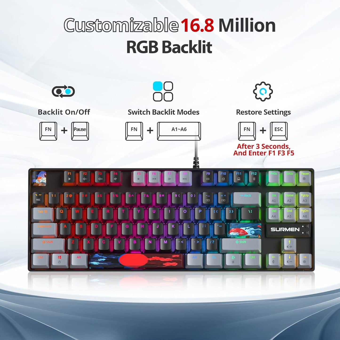60 Percent Gaming Keyboard Mechanical with Linear Red Switch, 65% Wired Ultra-Compact Mini Keyboard Rainbow with PBT Keycaps for Ps4/Ps5/Xbox(68 MonsterB)