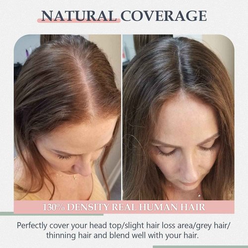 SLEEKALON Human Hair Topper - 150% Density Silk Base Brown Ombre Blonde - No Bangs - Wig Clips (12 Inch, 4P27#)