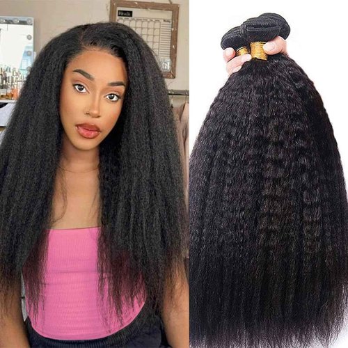 DMS Kinky Straight Hair 3 Bundles Yaki Straight Bundles Human Hair For Black Women 100% Unprocessed Brazilian Remy Hair Natural Black Color (20 22 24)