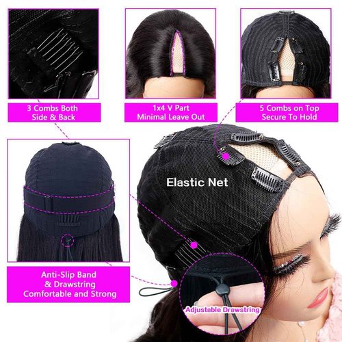 Xagujpo Glueless V Part Wig Human Hair Body Wave for Black Women Upgrade U Part Human Hair Wig 100% Beginner Friendly No Sew In No Glue 180% Density Natural Color (20 inch)