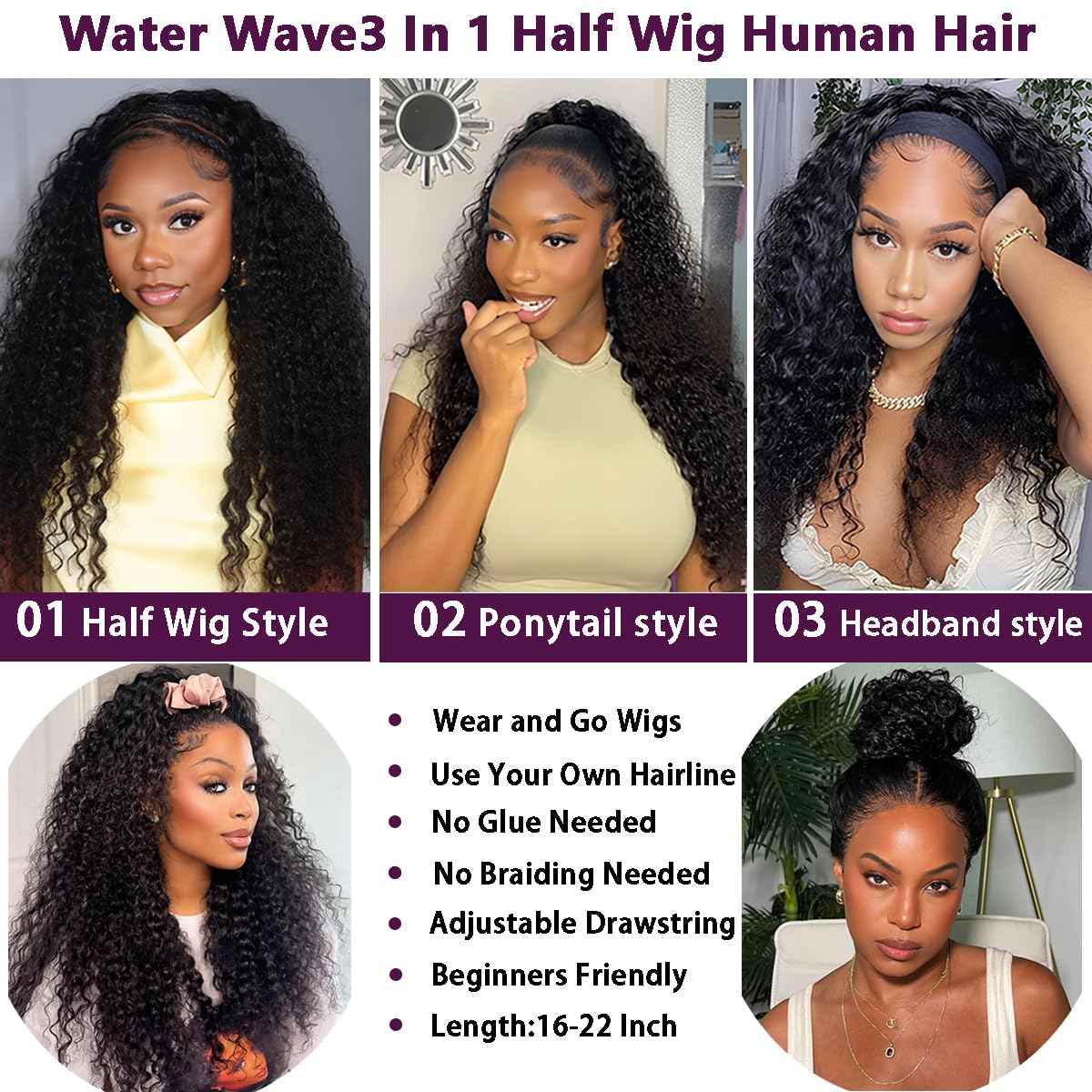 Half Wig Human Hair Water Wave 220% Density 3 In 1 Seamless Flip Over with Adjustable Drawstring 18 Inch Wear Go Glueless Wigs Wet and Wave Curly Half Wigs for Women Headband Wig Beginner Friendly