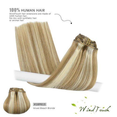 WindTouch Clip in Hair Extensions Real Human Hair #18P613 Mixed Bleach Blonde 70g 12 and 18 inch