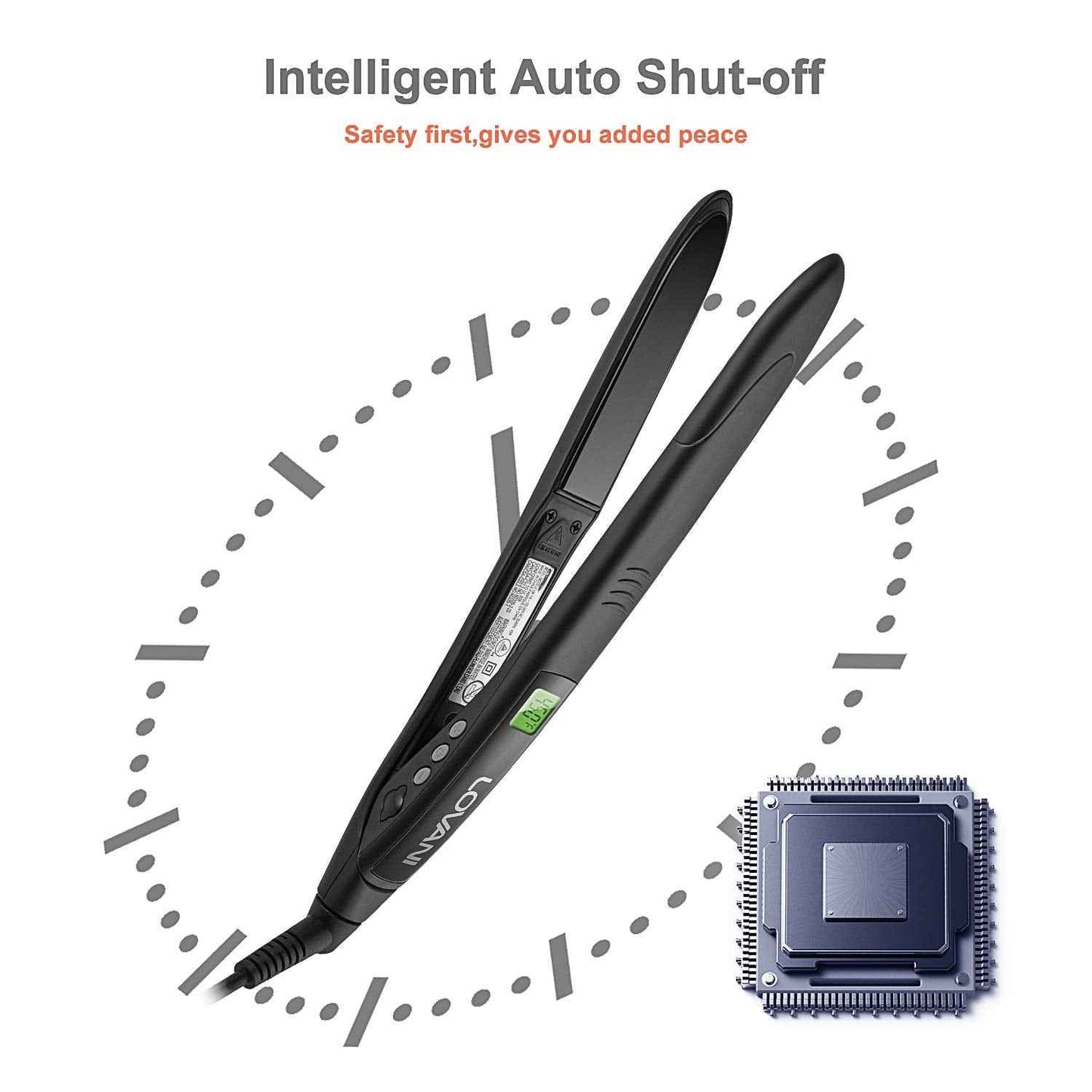 LOVANI Titanium Flat Iron, 450F High Heat Hair Straightener with Digital LCD, Dual Voltage, Auto Shut Off, Heat Resistant Bag, Glove and 2 Hair Clips (7 Piece Set), Black