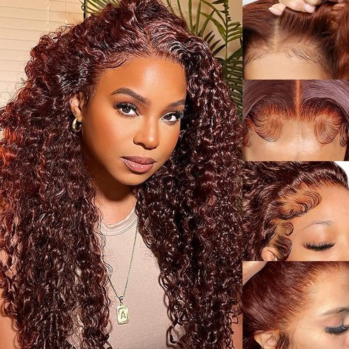 Kucmir 22 Inch Burgundy Lace Front Wigs Human Hair Pre Plucked Reddish Brown Loose Deep Wave Lace Front Wigs Human Hair Reddish Brown 13x6 with Baby Hairline
