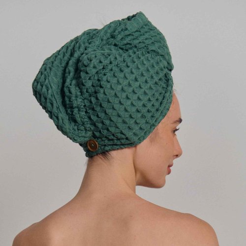 KOSMU Hair Towel | 100% Cotton Silk Hair-Drying Waffle Wrap Turban for Women, Ultra-Absorbent, Anti Frizz, Hair Damage Protection for Straight and Curly Hair (Forest Green, 2 Pack)