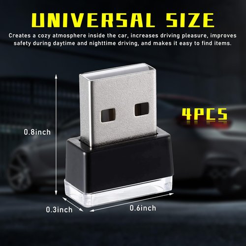 Augeny 4 PCS USB LED Car Interior Atmosphere Lamp, Plug-in USB Decor Night Light, Portable Auto Ambient Lighting Kit, Universal Vehicle Interior Accessories for Most Cars (Blue+Ice Blue+Red+Purple)
