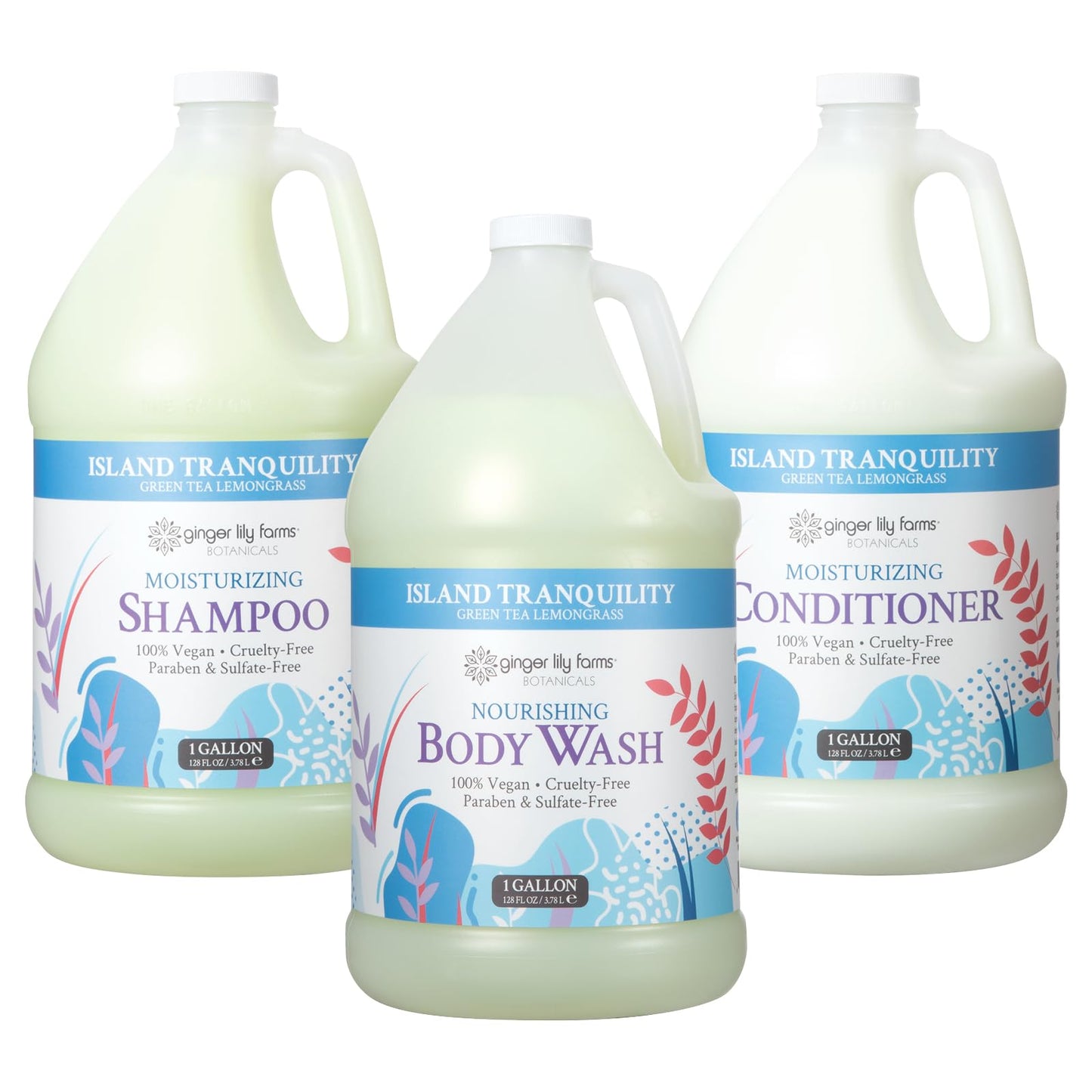 Ginger Lily Farms Botanicals Body Wash + Shampoo + Conditioner Bundle, Island Tranquility, 1 Gallon Each