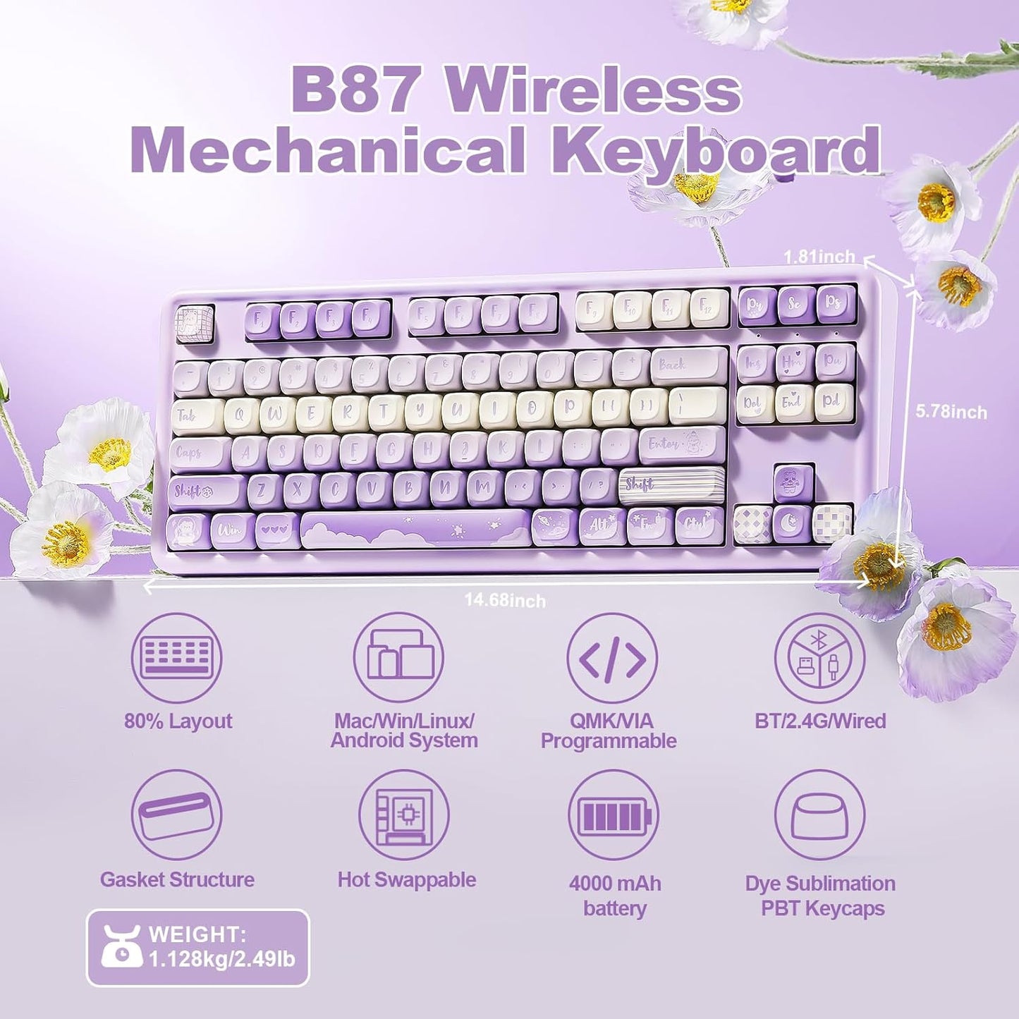 YUNZII B87 Wireless Mechanical Keyboard,QMK/VIA Programmable,TKL Layout 87 Keys,BT/2.4G/USB-C,Hot Swap Gasket Mount RGB Backlit Gaming with Wrist Rest for Win/Mac(Purple, Cocoa Cream V2)