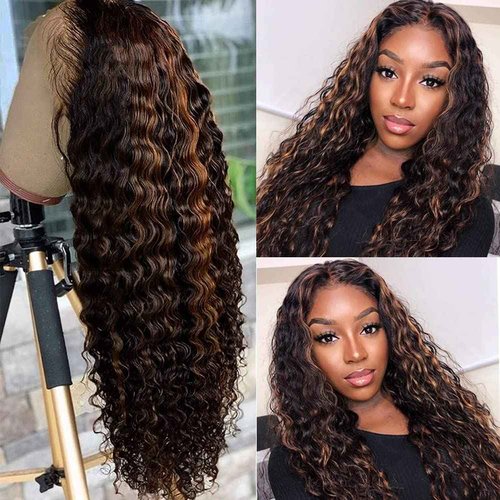 yamduly 24 Inch Highlight Ombre Lace Front Wig Human Hair Pre-Plucked 1B/30 Black Brown13x4 HD Lace Frontal Deep Wave Honey Blonde180% Density Balayage Glueless Wigs for Black Women