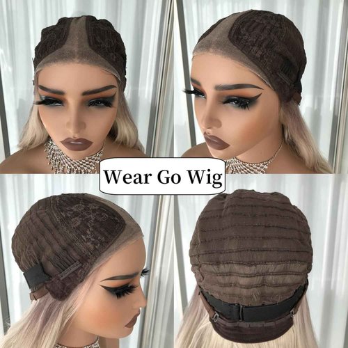 mytonecoo Highlight Blonde Wear and Go Glueless Wig Synthetic Lace Front Wigs for Women Body Wave Pre Cut Pre Plucked Lace Dirty Blonde Wig Medium Length 20inch Ready to Wear Wigs