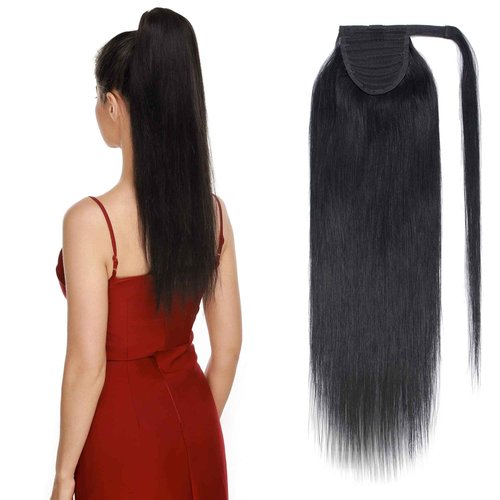 S-noilite Ponytail Extension Human Hair Wrap Around Black Clip in Pony Tail Hair Pieces with Magic Paste Clip on Ponytails Hair for Women 18inch 90g-Jet Black