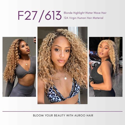 AUROO 27/613 Highlighted Multi-Blonde Bundles Human Hair Water Wave, 13A Grade Ombre Blonde Human Hair Wet n Wavy Curly 3 Bundles 100% Raw Brazilian Silky Colored Hair Weaves Extension 10/12/14 Inch