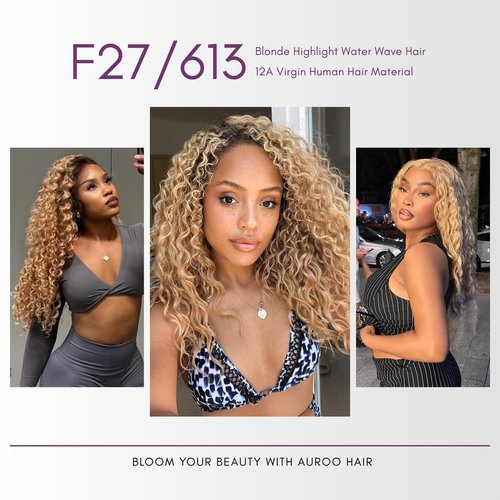 AUROO 27/613 Ombre Blonde Single Bundle Human Hair Water Wave 22 Inch, 13A Grade Highlighted Multi-Blonde Human Hair Wet n Wavy Curly Bundle 100% Raw Brazilian Silky Colored Hair Weaves Extension