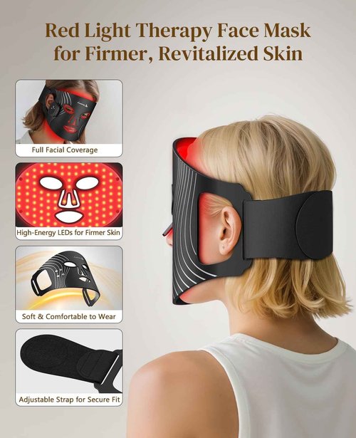 Lanieney Red Light Therapy Mask for Face, Wireless LED Face Mask, Rechargeable and Adjustable Timer Design with Digital Display for Home Skincare, Dark Black
