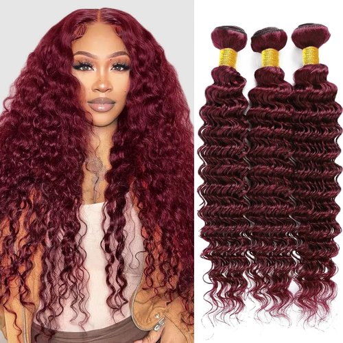 FuivJuix #99J Burgundy Bundles Deep Wave Bundles Human Hair 26 28 30 Inch Brazilian Virgin Hair Wine Red Deep Wave Bundles Human Hair Extensions 3 Bundle 50 Gram Per Bundle
