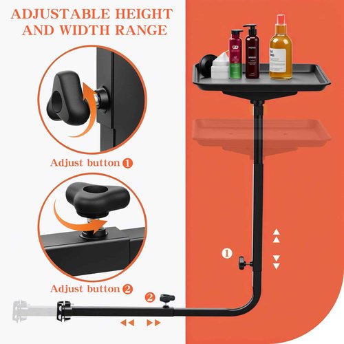 ZEYUEHUI Modern Salon Chair Tray, 360 Rotatable Metal, Black, Depth: 17.7 inches, Width: 28.3 inches, Height: 23.6 inches, Adjustable Height, Foldable Arm Rest, Hair Styling, Beauty Services