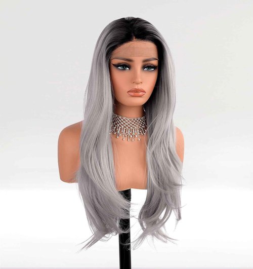 EALGA Ombre Black Grey Lace Front Wigs for Women Silver Grey Hair Wigs Long Natural Wavy Hair Wigs with Middle Part 22 inch Best Affordable Wig EALGA-014