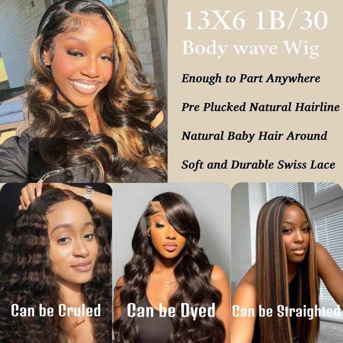 HANGFIRST 13x6 Ombre Lace Front Wig Human Hair 1B/30 Highlight 180% Density Body Wave Brazilian Virgin Human Hair Wigs for Women Pre Plucked with Baby Hair 20Inch
