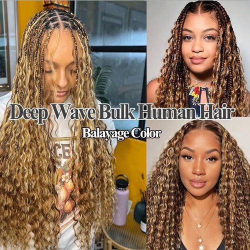 Human Braiding Hair For Boho Braids P4/27# Balayage 24 Inch 100g/2Bundles 12A Deep Wave Bulk Human Hair For Braiding No Weft Wet And Wavy Human Hair Extensions For Braids