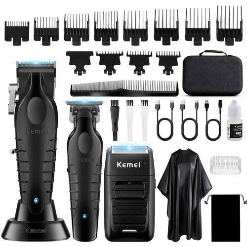 KEMEI Professional Hair Clippers for Men, Hair Trimmer and Foil Shaver Set, Cordless Barber Clippers, Zero Gapped Beard Trimmer, Rechargeable Fade Clipper Haircutting Kit, KM-2299, KM-2296, KM-1102