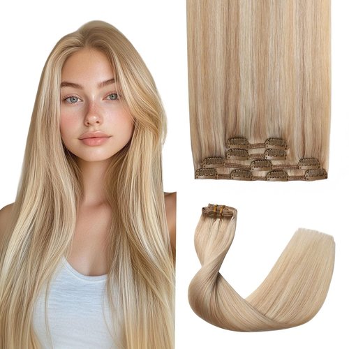 Sweetmet Air2.0 Clip in Hair Extensions Real Human Hair 20inch 4pcs #27p60 Caramel Blonde Mixed Platinum Blonde Remy Real Human Hair Extensions Clip ins 60g Thick Seamless Double Weft（#27p60-20inch）