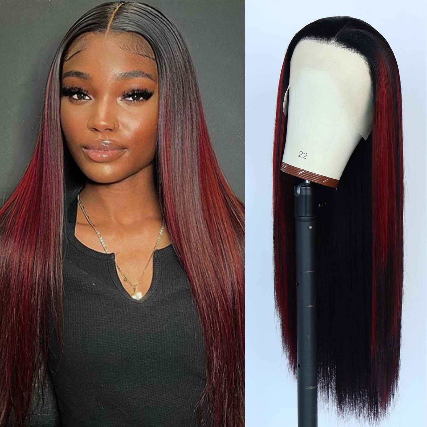Oxeely Red Highlight Ombre Burgundy Synthetic Lace Front Wigs Long Straight Wigs Burgundy Lace Wigs Pre Plucked 1B/99J Skunk Stripe Glueless Wigs Heat Resistant Fiber Hair Red Wigs for Women Daily Use