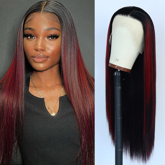 Oxeely Red Highlight Ombre Burgundy Synthetic Lace Front Wigs Long Straight Wigs Burgundy Lace Wigs Pre Plucked 1B/99J Skunk Stripe Glueless Wigs Heat Resistant Fiber Hair Red Wigs for Women Daily Use