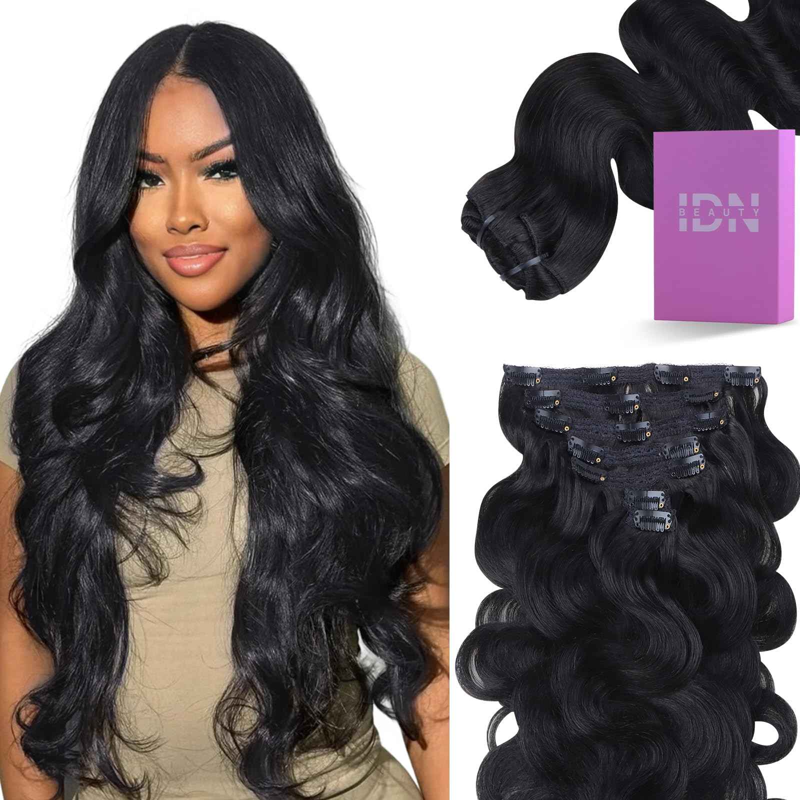 IDN BEAUTY Clip in Hair Extensions Real Human Hair Body Wave 120g Natural Black Double-layer Lace Clip In for Black Women Soft Breathable Lace Invisible Seamlessly Blending 7pcs 20 Inch