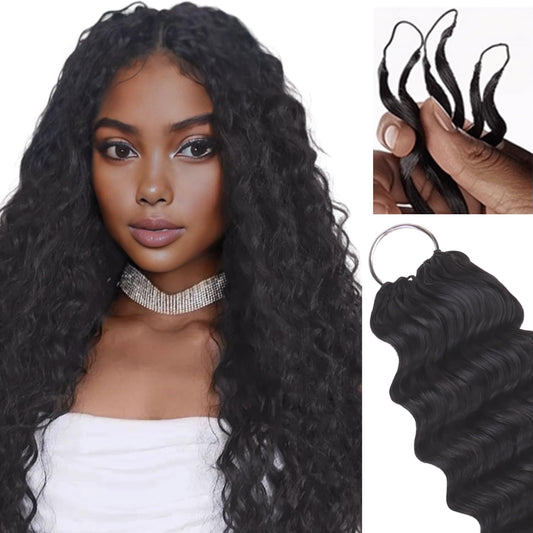IDN Human Crochet Hair Knotless Pre Separated Bulk, 16 Inch 60g Feather Line Crochet Hair Braids, Deep Wave Natural Black Invisiable Knot Hair Extensions For Women Girl Kids