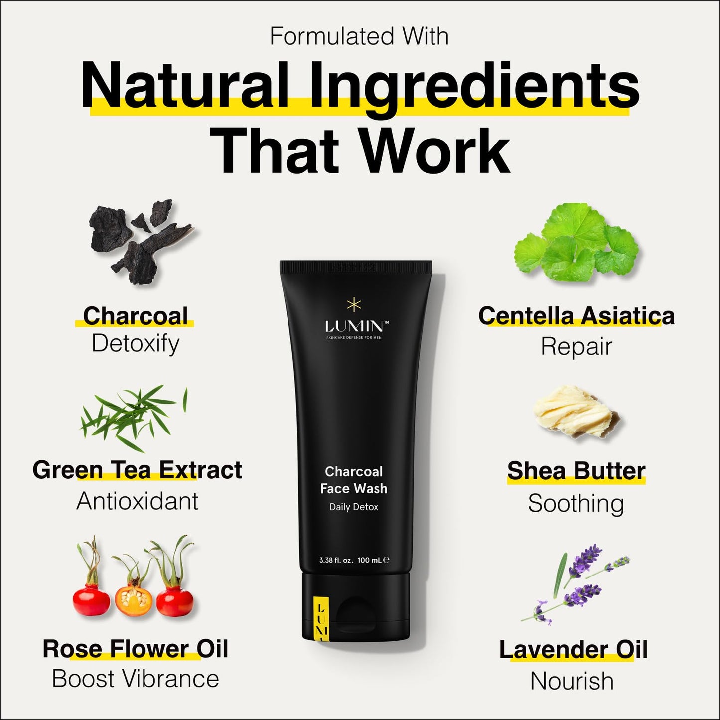 Lumin 4 Piece Men Skincare Set with Charcoal Face Wash, Deep Scrub, Daily Moisturizer & Dark Circle Defense Balm, Helps Detoxing & Hydrating, for All Skin Types