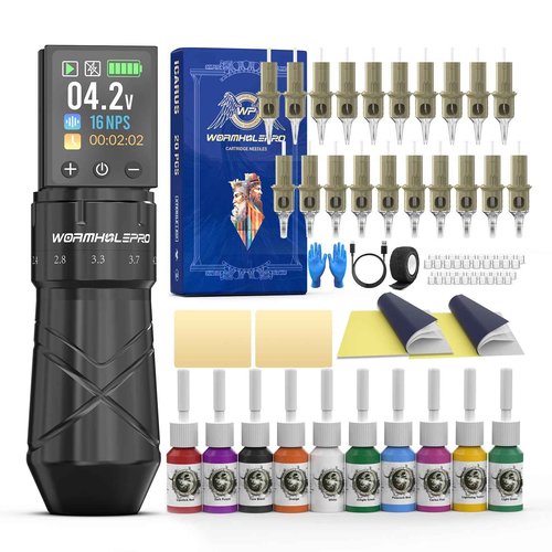 WORMHOLE PRO Tattoo Gun Auriga Tattoo Kit with Coreless Motor, 2,300 mAh Capacity Battery, 5 Adjustable Stroke, Normal/Jump-Start/Dot Working Mode, Wireless Tattoo Machine Kit for Artists