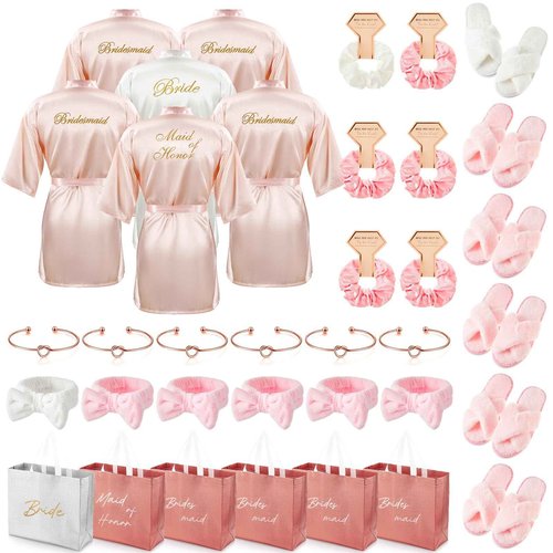 Shyyween 36 Pcs Bride Bridesmaid Robes Set of 6 Bridal Party Silk Satin Robes for Wedding Bachelorette Party Gifts(White,Pink)