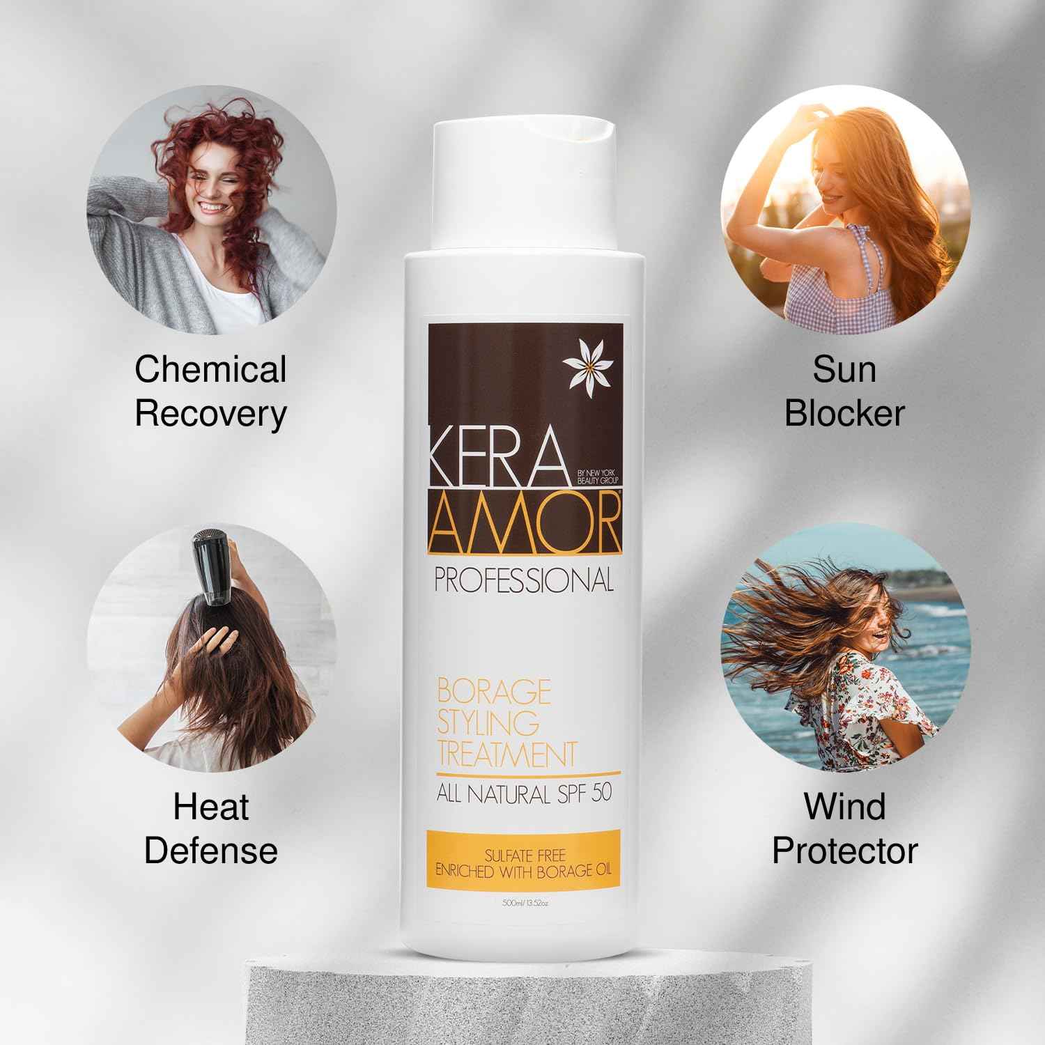 KeraAmor Professional Borage Styling Treatment - All-Natural SPF 50 - Sulfate-Free with Borage Oil - Restoring Chemically Treated Hair - 500ml