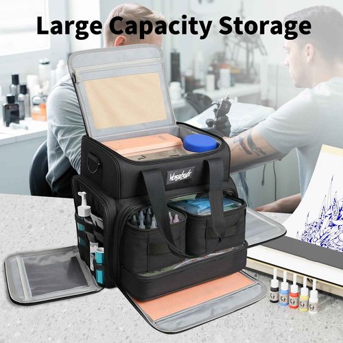 Wormhole Tattoo Case Tattoo Backpack with 3 Inner Removable Pouches 2 Layers Travel Bag for Tattoo Stencil Printer Tattoo Supplies Black 14.6" L x 9.5" W x 14.2" H