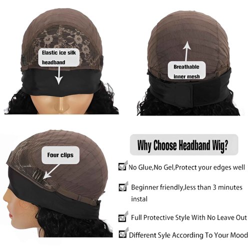 Prisyfab Curly Headband Wig Human Hair 22Inch Human Hair Headband Wig Glueless Wear and Go Human Hair Scarf None Lace Front Wigs 150% Density Natural Color