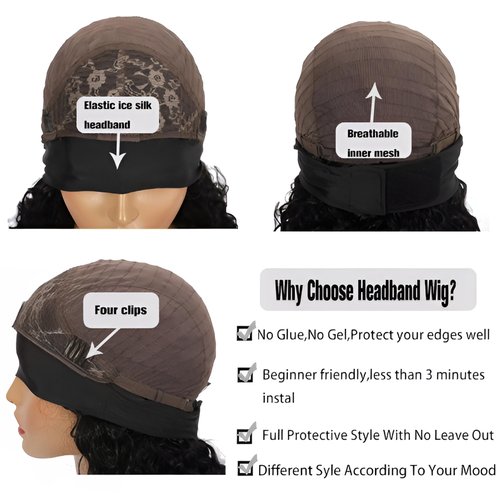 Prisyfab Curly Headband Wig Human Hair 20Inch Human Hair Headband Wig Glueless Wear and Go Human Hair Scarf None Lace Front Wigs 150% Density Natural Color