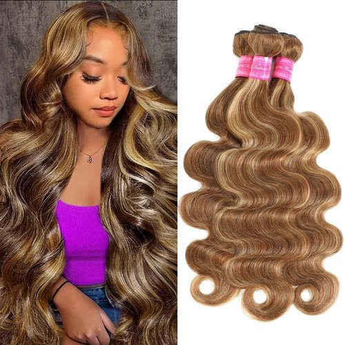 YISEA Ombre Highlight Body Wave Bundles Human Hair 12A Honey Blonde P4/27 Human Hair Body Wave 4 Bundles (18 20 22 inch) 100% Unprocessed Brazilian Virgin Hair Bouble Weft Natural Weave
