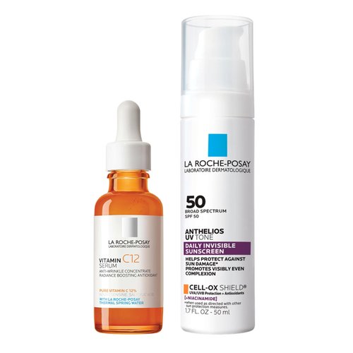 Bundle of La Roche-Posay Pure Vitamin C Serum For Face With Hyaluronic Acid & Salicylic Acid, Hydrating & Brightening Serum + Anthelios UV Tone Sunscreen SPF 50, Daily Sunscreen for Uneven Skin