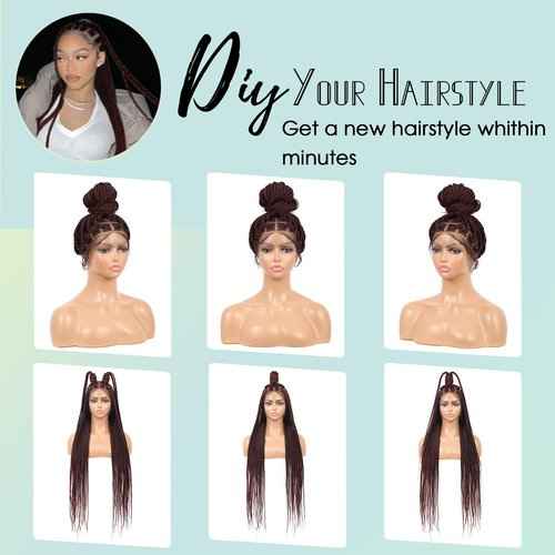 Fecihor 360 HD Full Lace Knotless Braided Wigs with Baby Hair Box Braid Wig for Women Premium Synthetic Burgundy Natural Braided Lace Front Wigs 36 Inch