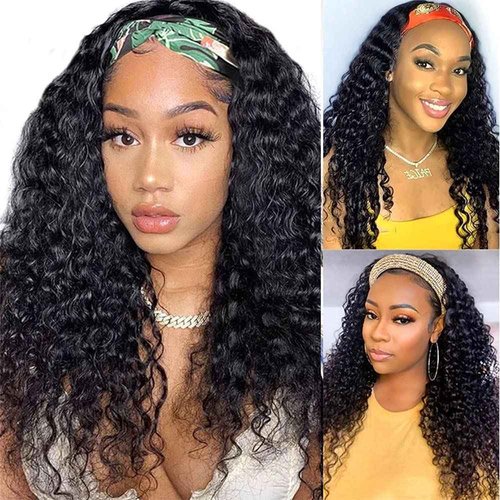 Headband Wig Human Hair Kinky Curly 26 inch None Lace Front Wig Human Hair Machine Made Wigs Glueless Curly Hair Headband Half Wigs for Black Women Human Hair Natural Color
