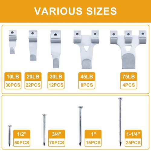 KURUI 303Pcs Picture Hanging Kit, Picture Hangers Assorted Kit with Heavy Duty Wall Hooks, Sawtooth, Picture Wire, D Rings, Hardware Nails, Eye Hooks, Silver Heavy Duty Frame Hooks