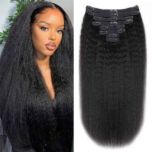 Tahikie Kinky Straight Human Hair Clip in Extensions 120g Full Head Clip ins for Women 100% Unprocessed Brazilian Virgin Human Hair Yaki Straight Clip ins Remy Hair Natural Black 8Pcs 18Clips 20inch