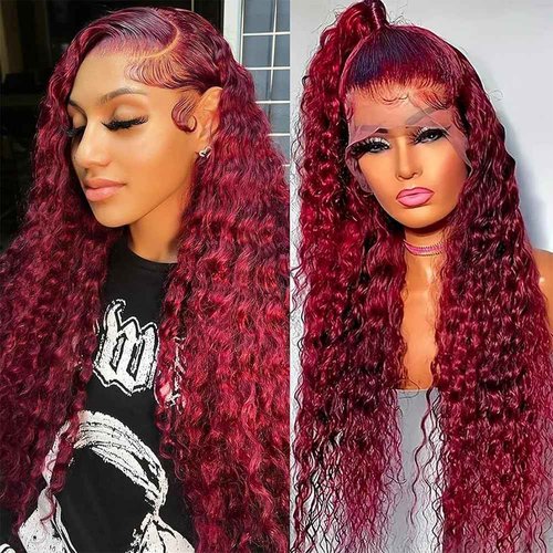ZHUO JIA 99J Burgundy Deep Wave Lace Front Wigs Human Hair for Black Women 13x4 HD Lace Frontal Wigs Human Hair Pre Plucked 180 Density Red Colored Deep Curly Wet and Wavy Glueless Wig 26 Inch