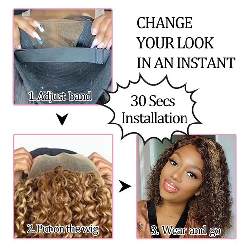 olimaruly Highlight Ombre Honey Blonde Curly Bob 4x4 Lace Wig Deep Wave Wigs Pre Plucked Pre Cut Bleached Knots 10 Inch Wear And Go Glueless for Woman Pre Plucked With Baby Hair for Black Women