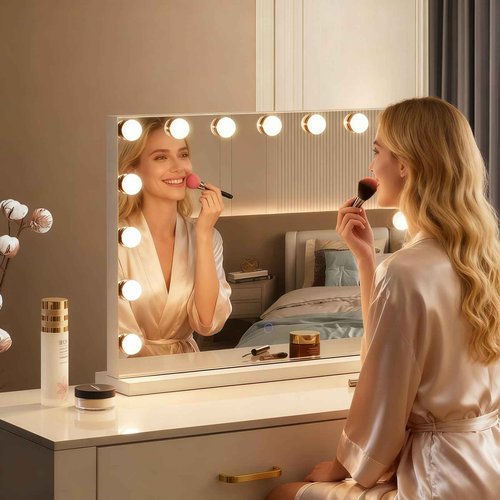 Amifiy Hollywood Vanity Mirror with Lights, 23"x18" Lighted Makeup Mirror for Desk/Wall Mount with 15 Led Bulbs, 3 Lighting Modes for College Dorm, Bedroom & Dressing Room (White)